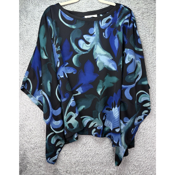 Chicos Scroll Print Woven Poncho Top S/M Blue Green Black Lightweight - Picture 4 of 11